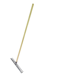 Ermet Garden Rake14 teeth rake • Beech, lacquered, strong handle • Hardened steel head Made 100% in EU. Weight 1400g Length 1300mm Colour Black/Natural Material Hardened steel, beech wood. Made in 100% in EU Green's of Ireland - Online Garden Shop