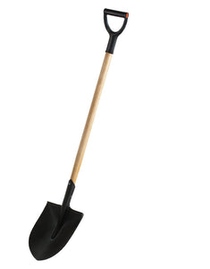 Ermet Garden Shovel Sharpened pointed shovel • Beech, lacquered, strong handle • Ergonomic HDPE grip • Hardened steel head Made 100% in EU. Weight 1700g Length 1250mm Colour Black/Natural Material Hardened steel, beech wood. Made in 100% in EU Green's of Ireland - Online Garden Shop